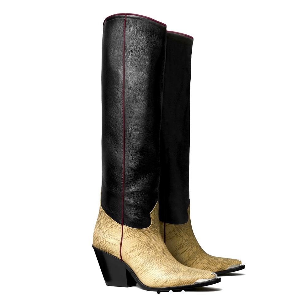 Tory Burch Tall Black Leather and Lizard Cowboy Boots Size 11